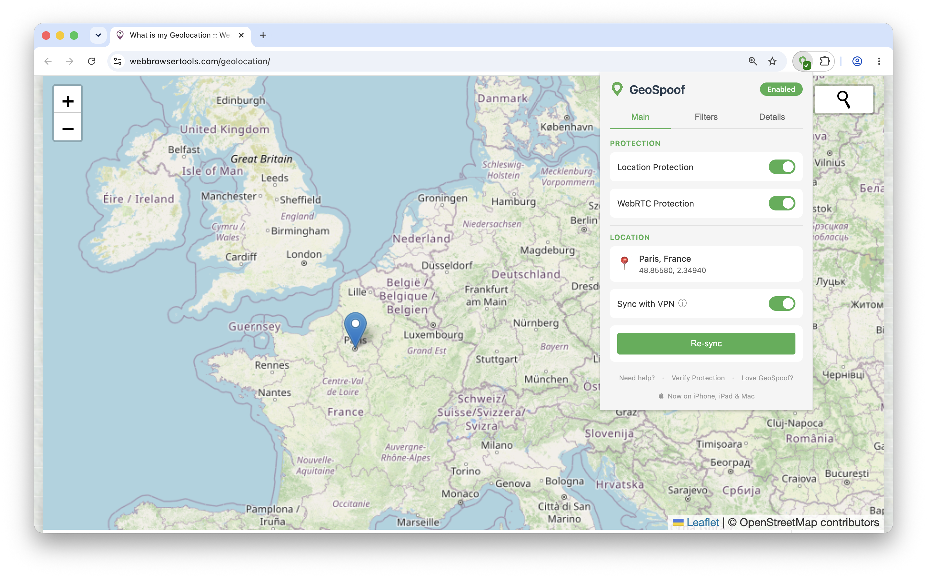 GeoSpoof browser extension running on desktop — showing location spoofing in action