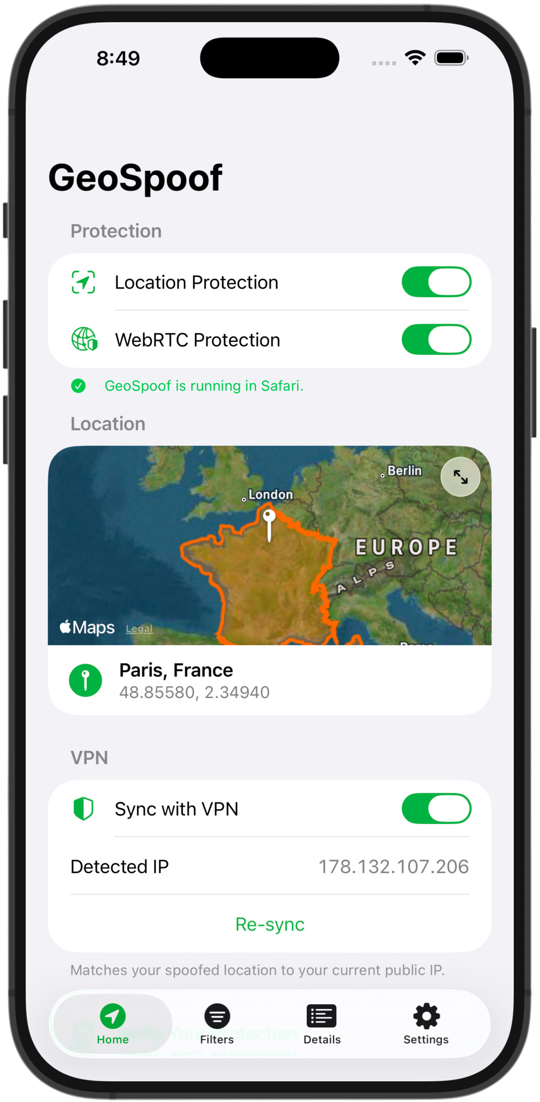 GeoSpoof app — main view